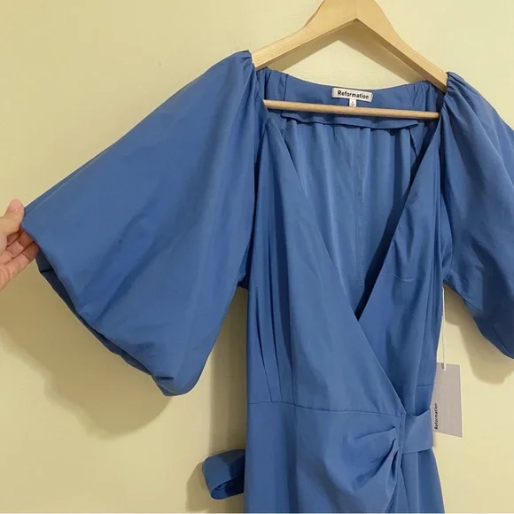Reformation “Olea” Puff Sleeve Wrap Dress in Dusk Blue – Size Large (NWT) - Picture 11 of 14